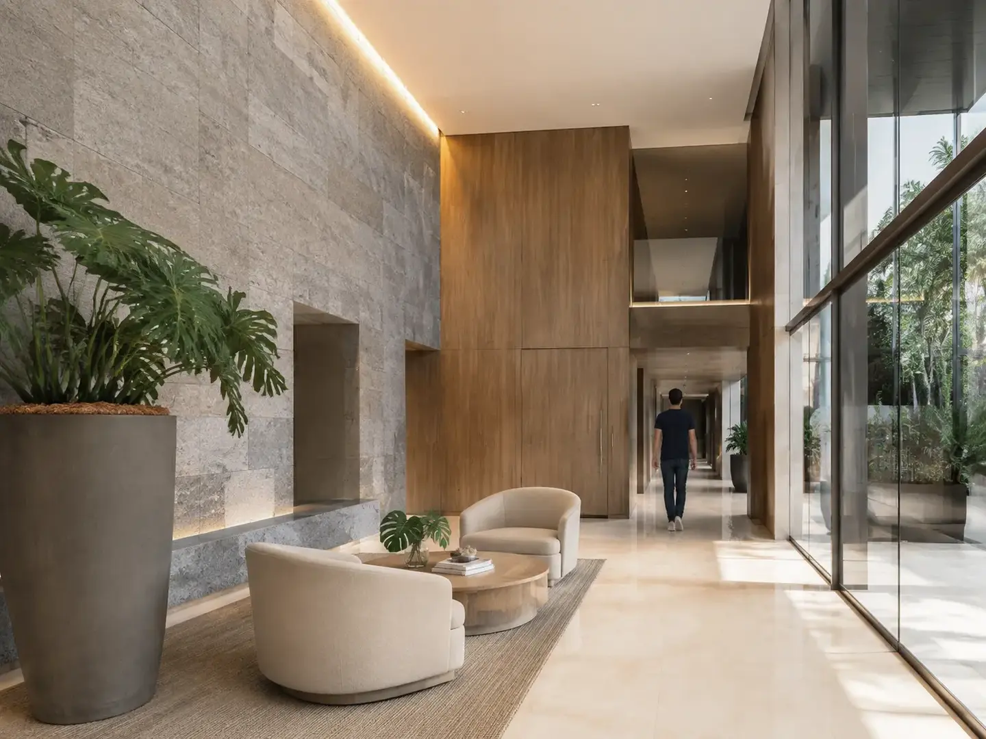 Hall de entrada do Áurea Residence com pé-direito duplo e revestimento em pedra