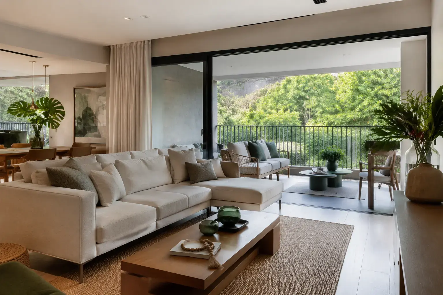 Sala de estar de apartamento do Reserva do Vale com varanda integrada