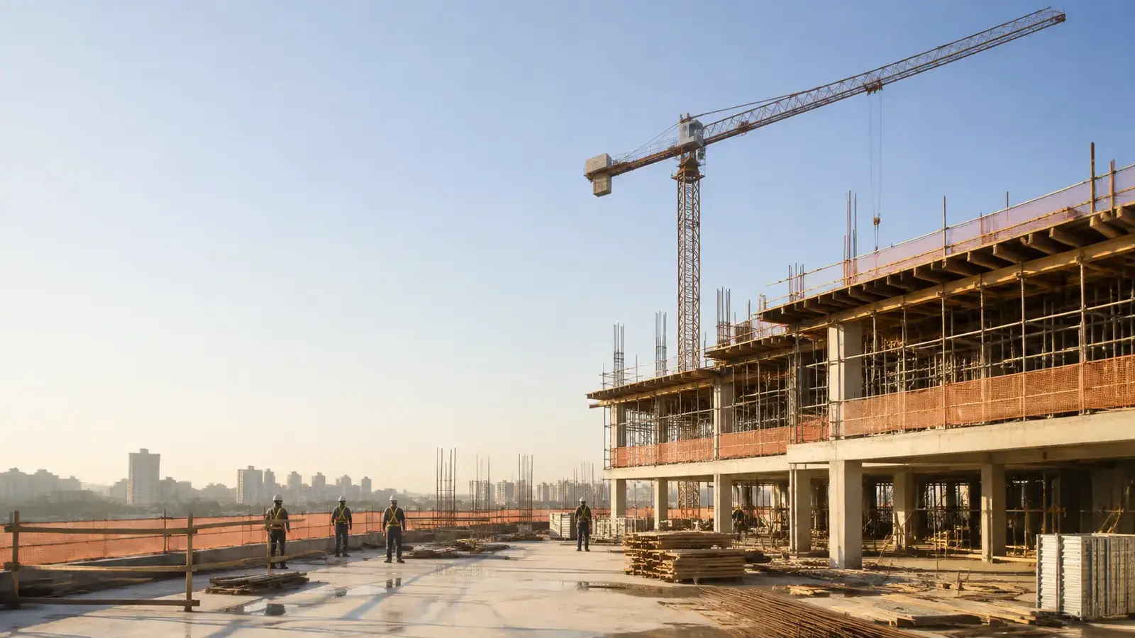 Canteiro de obras organizado com estrutura de concreto em execução e equipe técnica