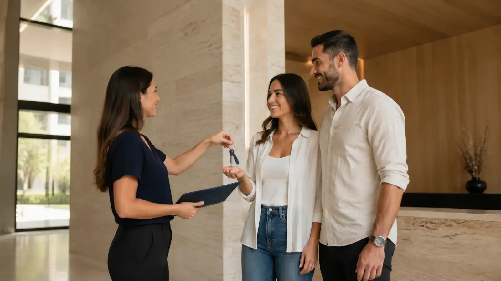 Entrega de chaves a novos proprietários no hall de um edifício residencial