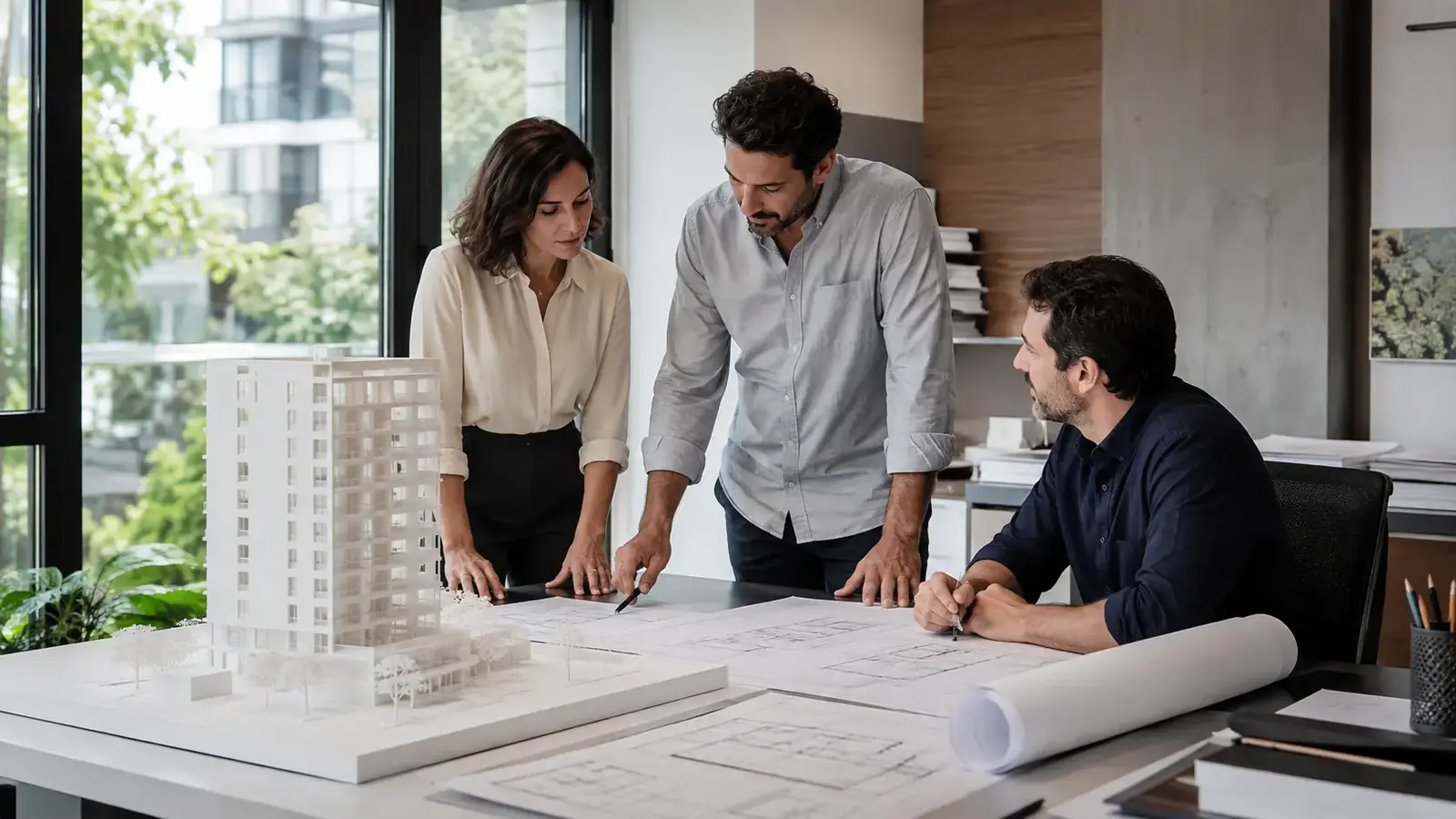 Equipe de arquitetura analisando maquete física e plantas sobre mesa de trabalho