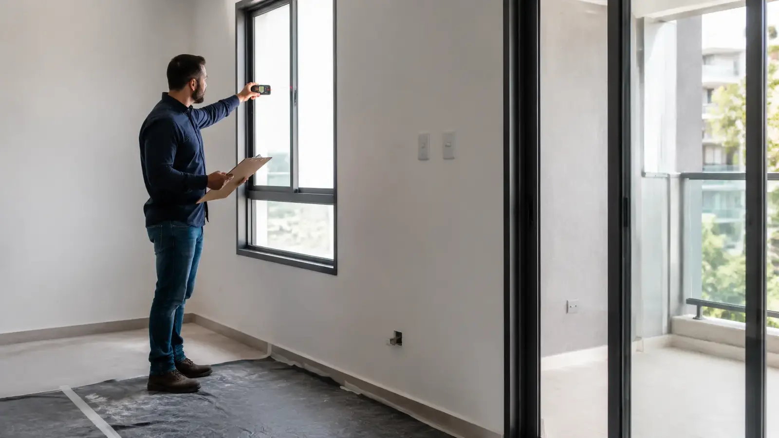 Profissional realizando vistoria técnica em apartamento recém-concluído
